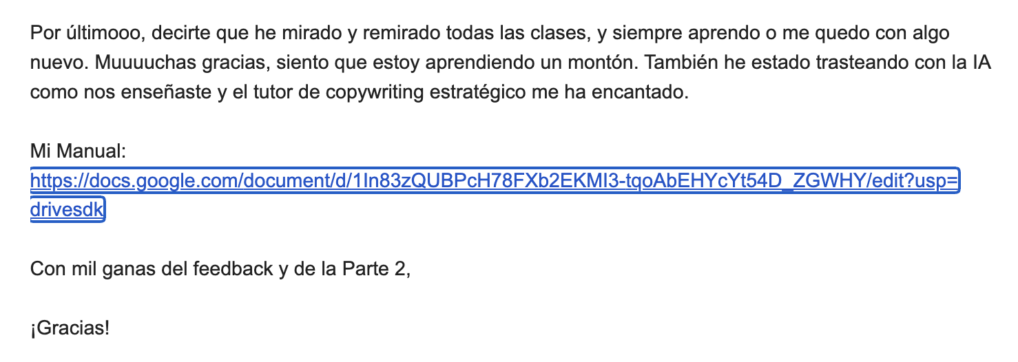 Email de alumna agradeciendo las clases y el tutor de IA