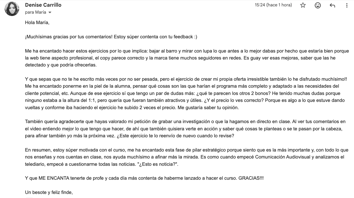 Email de Denise Carrillo sobre su experiencia