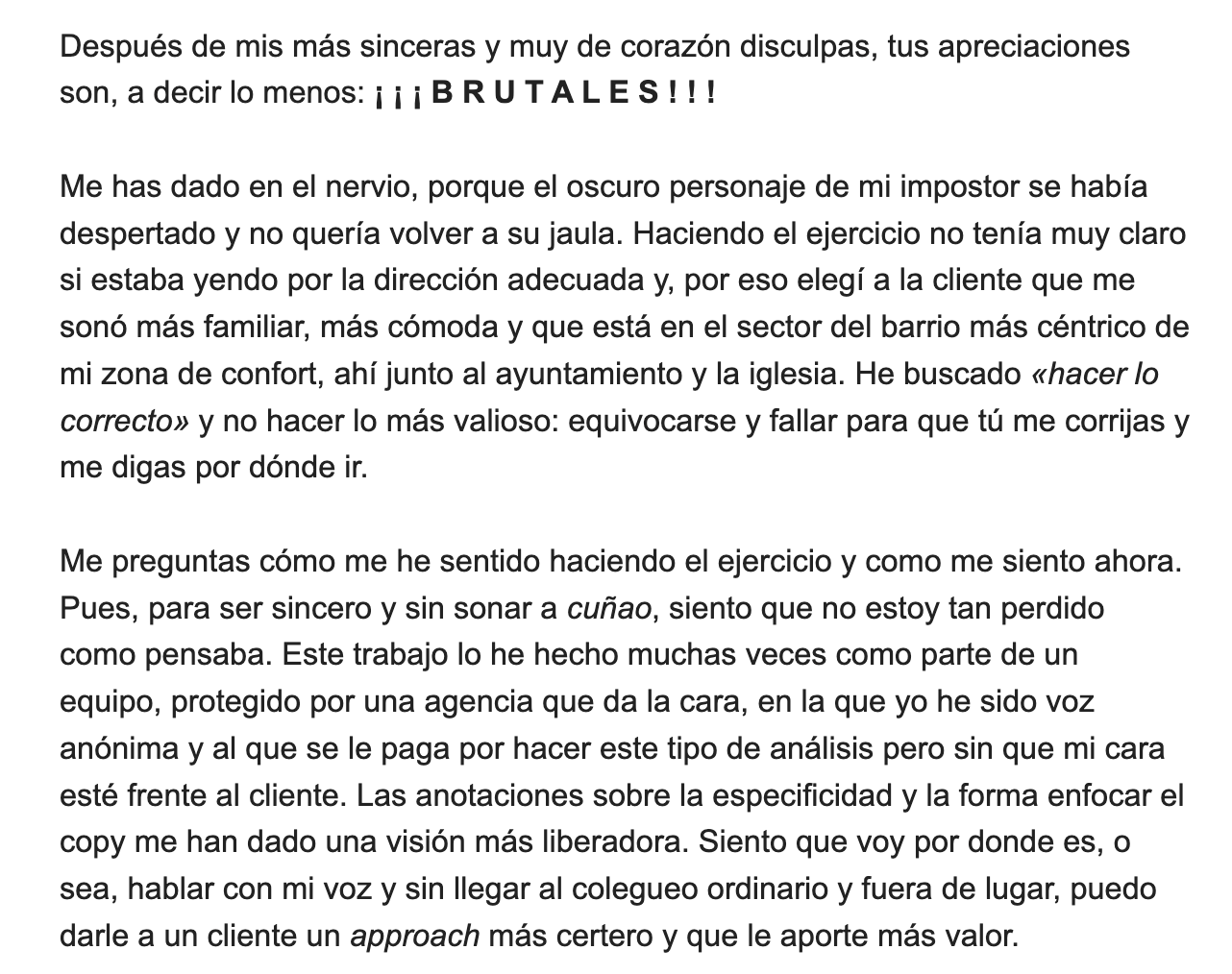 Email de alumno sobre el feedback recibido