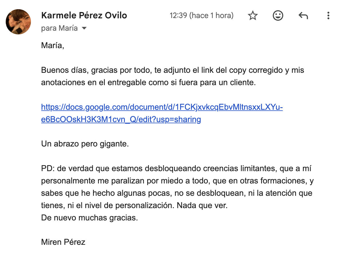 Email de Karmele Pérez con copy corregido