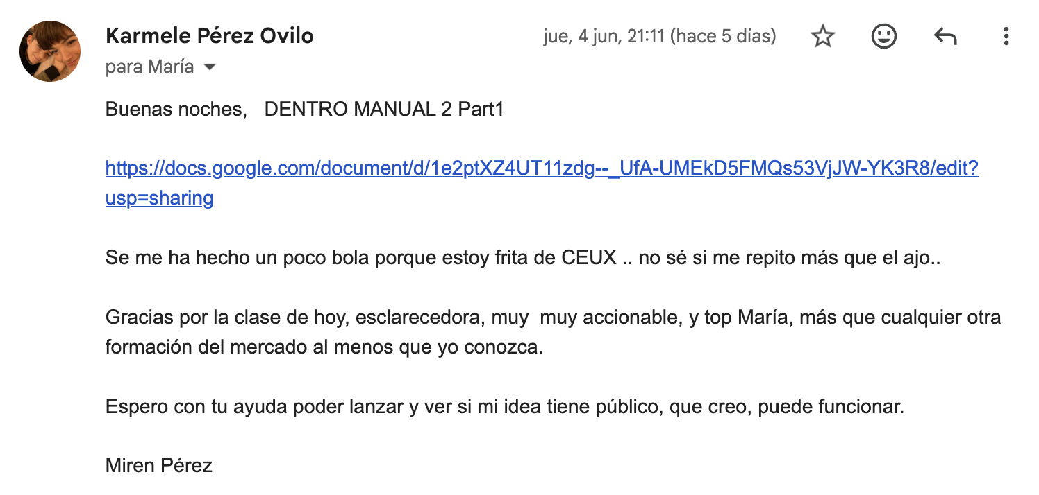Email de Karmele Pérez tras una clase