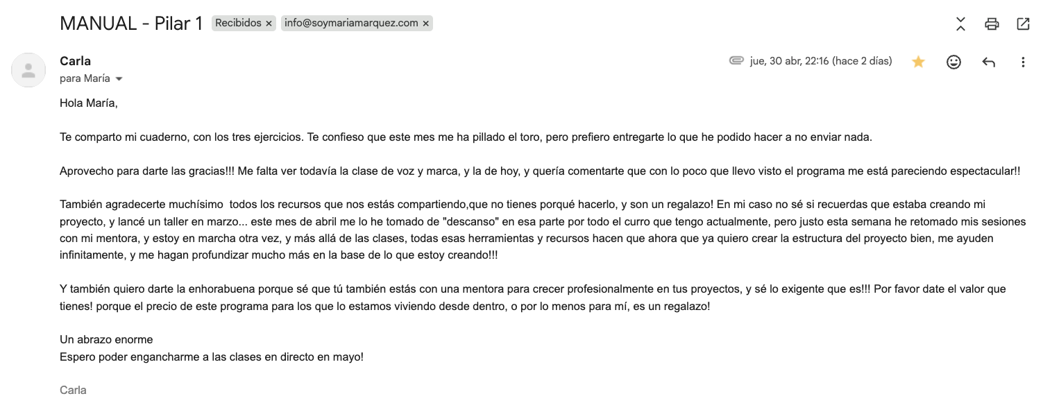 Email de Carla con su cuaderno de ejercicios
