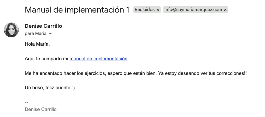 Email de Denise Carrillo compartiendo su manual
