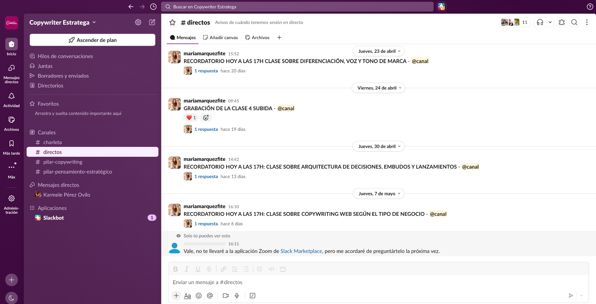 Canal privado de Slack